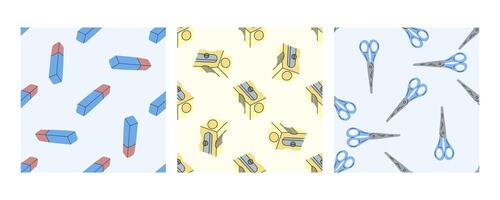 Seamless patterns with erasers, sharpeners, and scissors in flat doodle style vector