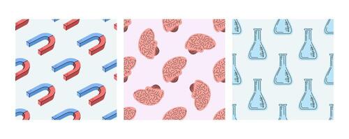 Seamless patterns with magnets, brains, and flasks in flat doodle style vector