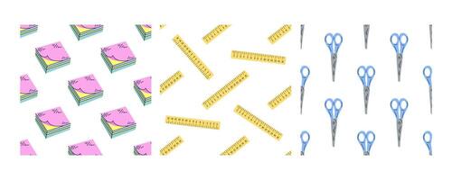 Seamless patterns with sticky notes, rulers, and scissors in flat doodle style vector