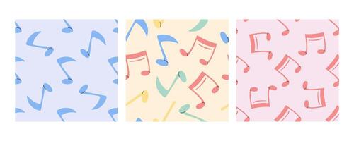 Seamless patterns with colorful music notes on pastel backgrounds in flat doodle style vector