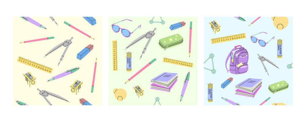 Seamless patterns with school supplies, compasses, rulers, and books in flat doodle style