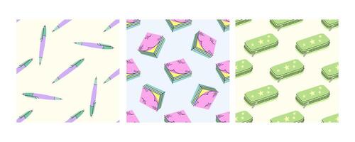 Seamless patterns with pens, sticky notes, and pencil cases in flat doodle style vector