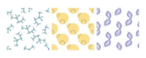 Seamless patterns with molecules, abstract circles, and DNA strands in flat doodle style vector