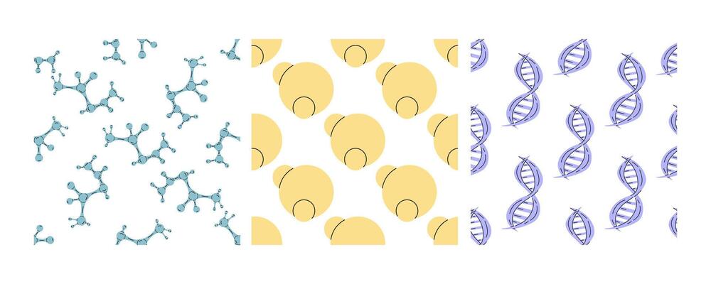 Seamless patterns with molecules, abstract circles, and DNA strands in flat doodle style
