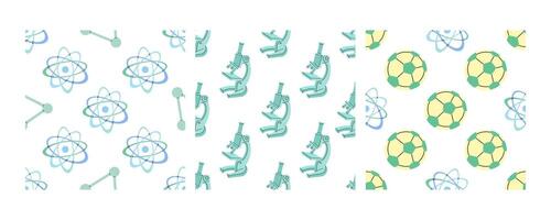 Seamless science patterns with atoms, microscopes, and soccer balls in flat doodle style vector