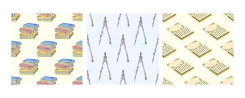 Seamless patterns with books, compasses, and notebooks in flat doodle style vector