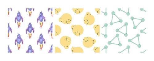 Seamless patterns with rockets, molecules, and abstract yellow circles in flat doodle style vector