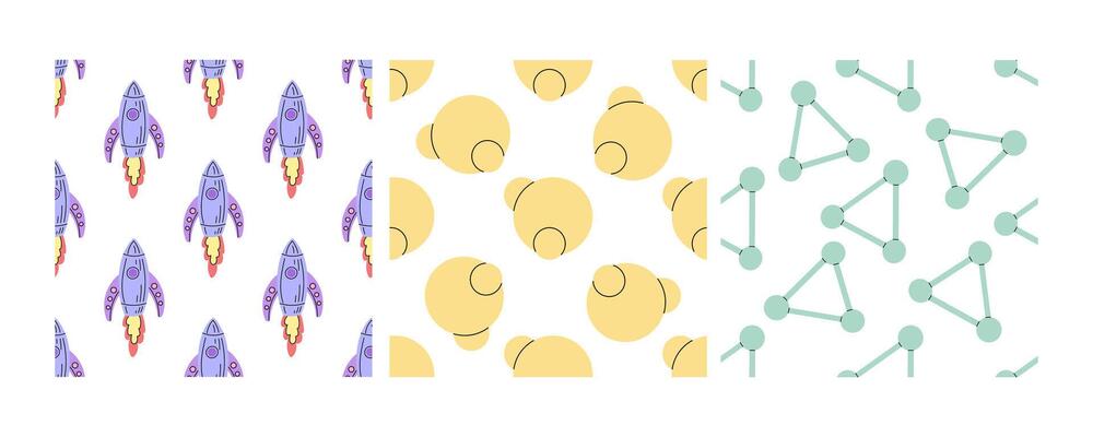 Seamless patterns with rockets, molecules, and abstract yellow circles in flat doodle style