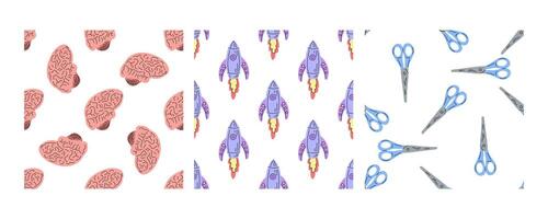 Seamless patterns with brains, rockets, and scissors for school in flat doodle style vector