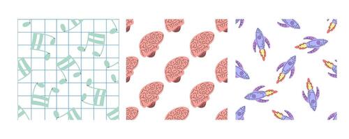 Seamless patterns with music notes, brains, and rockets in flat doodle style vector