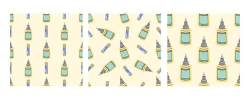 Seamless patterns with glue bottles and glue sticks for school in flat doodle style vector