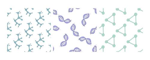 Seamless patterns with molecules, DNA strands, and geometric connections in flat doodle style vector