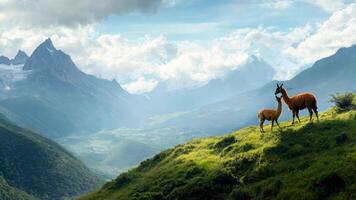 Llamas in Scenic Mountain Landscape with Dramatic Clouds and Majestic Nature Backdrop video