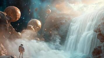 Astronaut Exploring Surreal Waterfall in Cosmic Landscape with Floating Planets in Space video