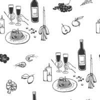 Romantic dinner for two seamless pattern. Different drinks and food hand drawn design for textile, fabric, wrapping paper, gift paper vector