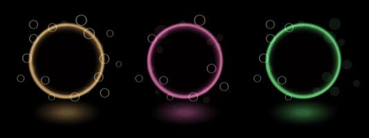Three glowing circles on a black background vector