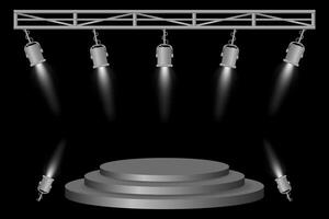 Stage podium set. Gray platform, white spotlights, metal frame, hanging lamps, event lighting, dark background, presentation area, performance setup, theater design, concert preparation vector
