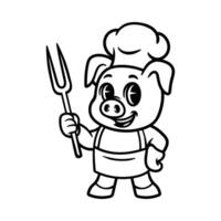 fun pig grill chef cartoon character isolated drawing line art style sketch classic vintage design illustration vector