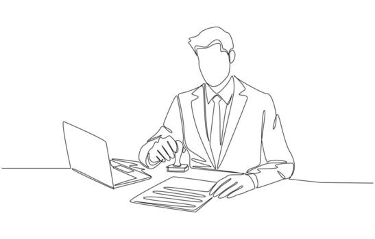 Continuous one line drawing of businessman stamping company seal on document or agreement, signing contract or document verification concept, single line art vector