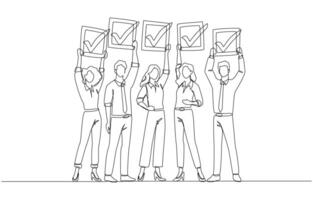 Continuous one line drawing of business team holding completed checkboxes, teamwork and project success, mission accomplished team concept, single line art vector