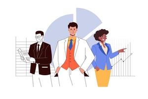 team of confident male and female office workers against a background of graphs and tables in different flat styles vector