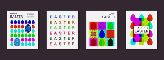 Trendy modern Easter set of backgrounds, greeting cards, posters, holiday covers with typography and overlays. geometric minimalist style with simple shapes. Risograph effect with bright colors vector