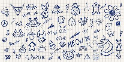 Notebook page pen and markers doodles set. Collection of abstract lettering , quick sketches of evil animals, angular chaotic lines, dirty ink symbols vector