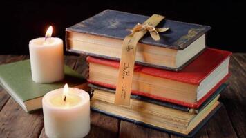 acogedor pila de libros con marcadores y luz de una vela en rústico mesa video