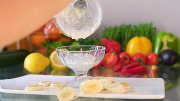 chia seeds yogurt fresh milk yogurt with peach slices , creamy sourdough yogurt with ripe peach slices video