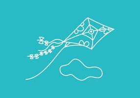 Kite with ornament, ribbons, flying in the clouds. Hand drawn icon, doodle. Line drawing, sketch on color isolated background. vector