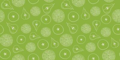 Fruit slices. Pattern. Orange, apple, pear, lemon. Citrus, food. Hand drawn line icons. Doodle repeating background. vector