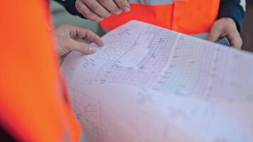 Scheme plan in workers' hands. Some people hold the plan project and looking at the information. Close-up. video