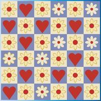 Retro Checkered Pattern with Hearts and Flowers Icon Design. vector
