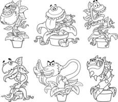 Outlined Evil Carnivorous Plants Cartoon Characters. Hand Drawn Collection Set vector