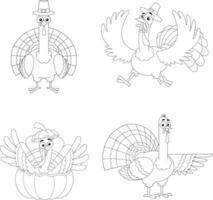Outlined Turkey Cartoon Characters In Different Poses. Hand Drawn Collection vector