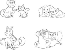 Outlined Dog And Cat Cartoon Characters Together. Hand Drawn Collection Set Isolated On Transparent Background vector