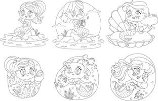 Outlined Cute Little Mermaid Girl Cartoon Characters. Hand Drawn Collection Set Isolated On Transparent Background vector