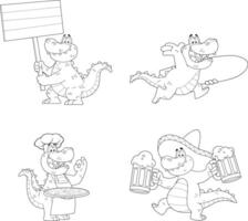 Outlined Alligator Or Crocodile Cartoon Character Different Poses. Collection Set vector