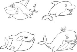 Outlined Ocean Or Sea Animals Cartoon Characters Different Poses. Hand Drawn Collection vector