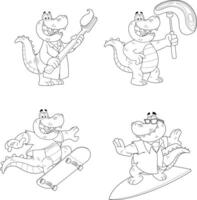 Outlined Alligator Or Crocodile Cartoon Character Different Poses. Hand Drawn Collection Set vector