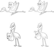 Outlined Stork Delivering A Babies Cartoon Characters. Hand Drawn Collection Set vector