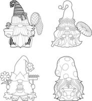 Outlined Cute Spring Gnomes Cartoon Characters In Different Poses. Hand Drawn Collection Set vector