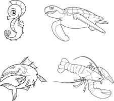 Outlined Ocean Or Sea Animals Cartoon Characters Different Poses. Collection vector