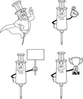 Outlined Syringe Vaccine Cartoon Character In Different Poses. Collection Set vector