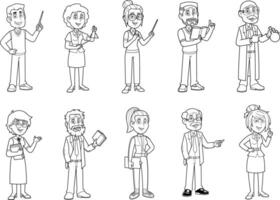 Outlined School Teacher's Cartoon Characters In Different Poses. Hand Drawn Collection Set vector