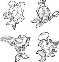 Outlined Fish Cartoon Characters In Different Poses. Hand Drawn Collection Set vector
