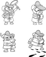 Outlined Detective Pug Dog Cartoon Character In Different Poses. Hand Drawn Collection Set vector