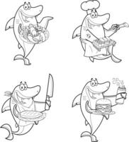 Outlined Shark Chef Cartoon Mascot Character Different Poses. Hand Drawn Collection Set vector