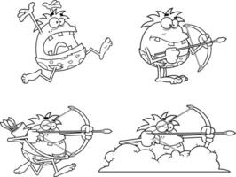 Outlined Caveman Cartoon Characters. Collection Set vector