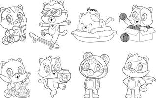 Outlined Cute Baby Cats Cartoon Characters. Hand Drawn Collection Set Isolated On Transparent Background vector